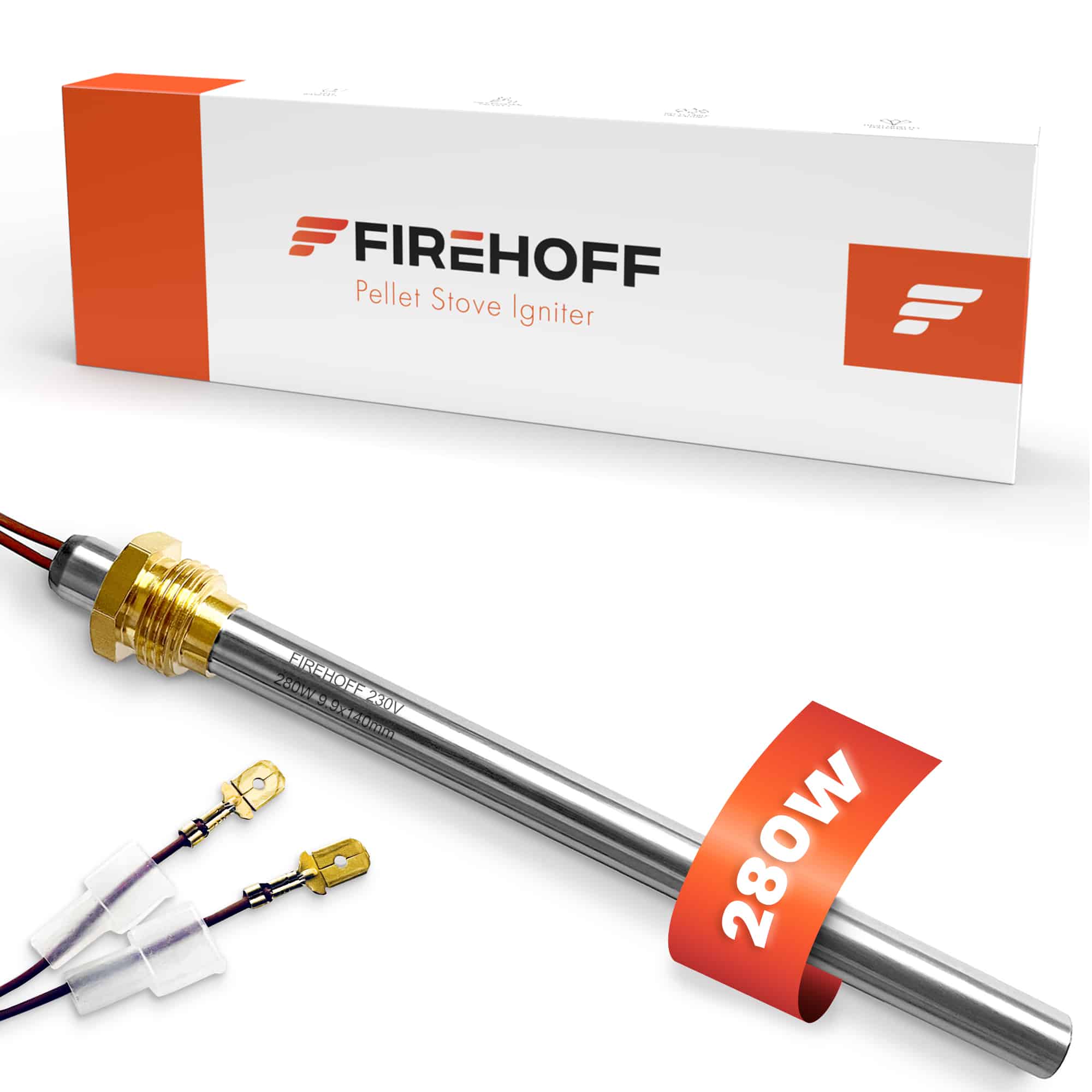 Bougie d’allumage FIREHOFF 280 W pour poêle à granulés, Ø 9,9 × 140 mm, filetage 3/8", avec sa boîte