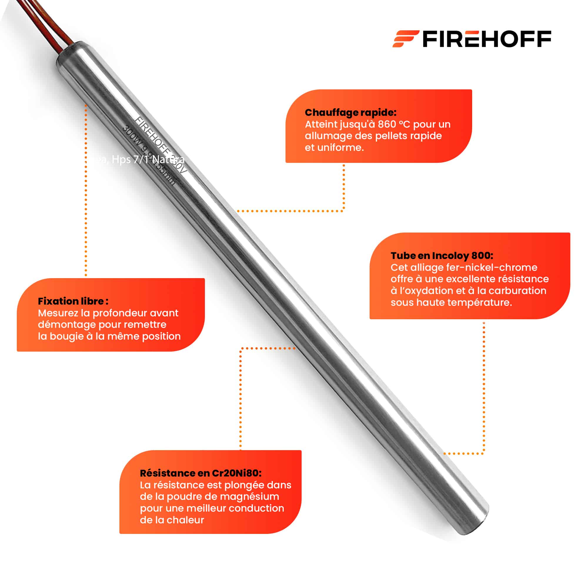 Caractéristiques de la bougie lisse FIREHOFF 300 W : fixation libre, gaine en Incoloy 800, résistance Cr20Ni80
