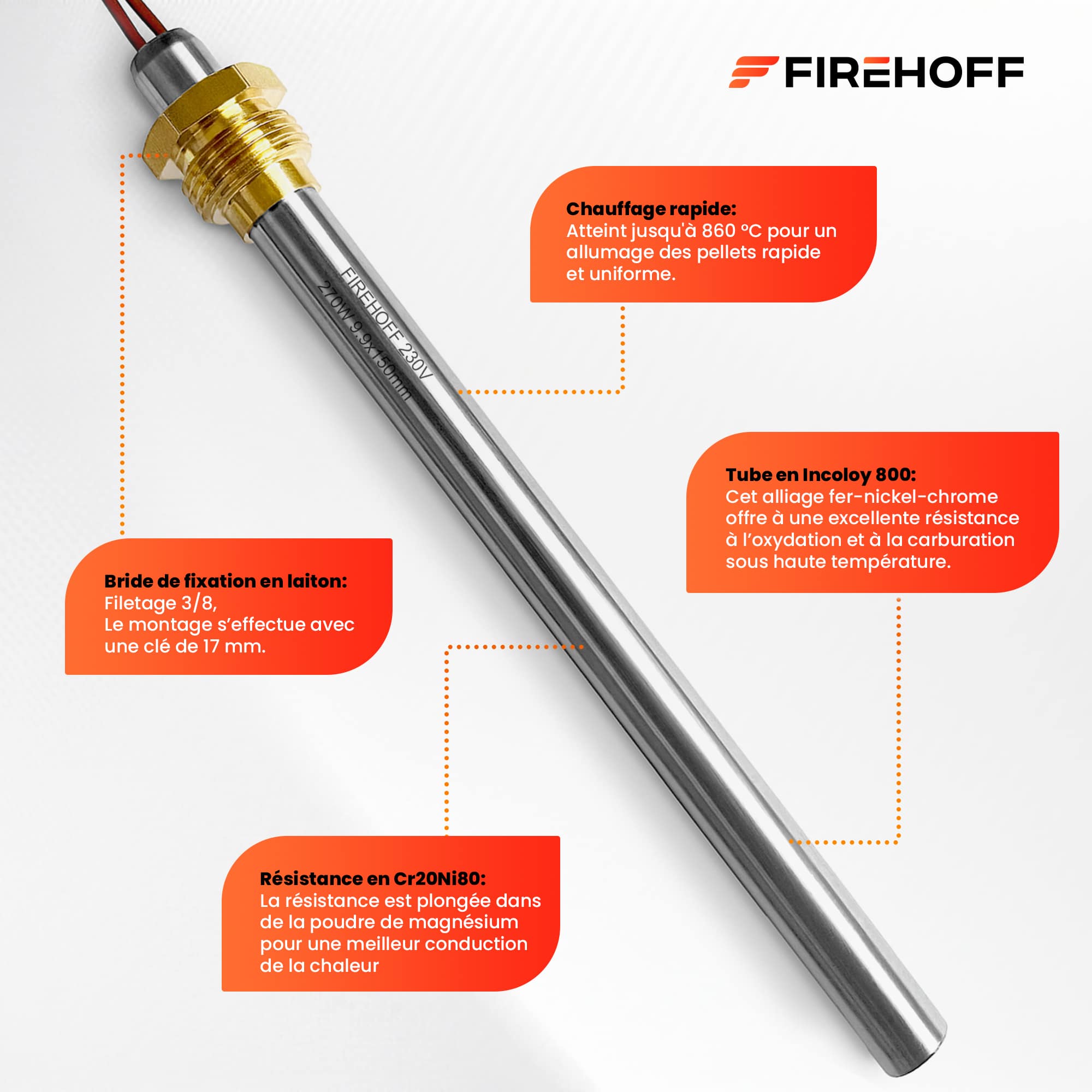 Matériaux de la bougie FIREHOFF 270 W : bride laiton filetée 3/8", gaine en Incoloy 800, résistance Cr20Ni80