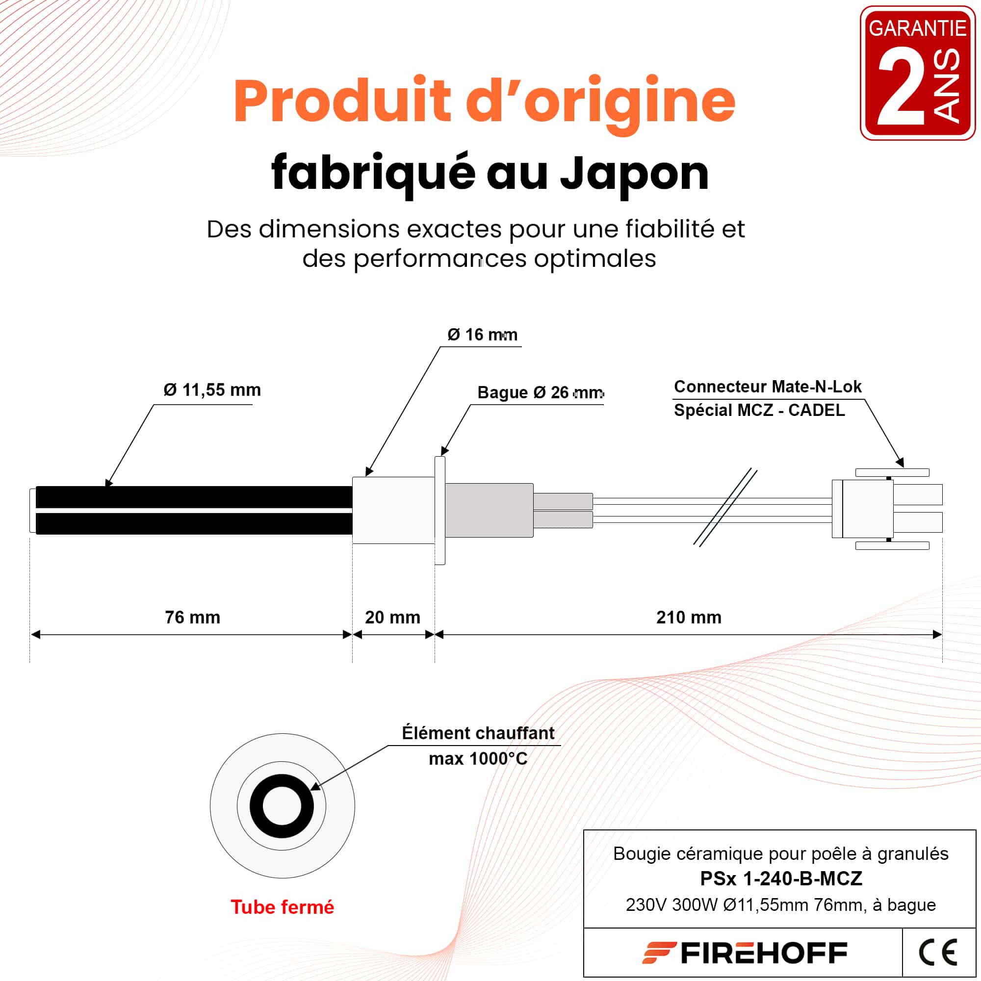 Schéma coté de la bougie céramique PSX 1-240-B : Ø 11,55 mm, bague Ø 26 mm, 96 mm sous la bague, fils de 210 mm, connecteur Mate-N-Lok