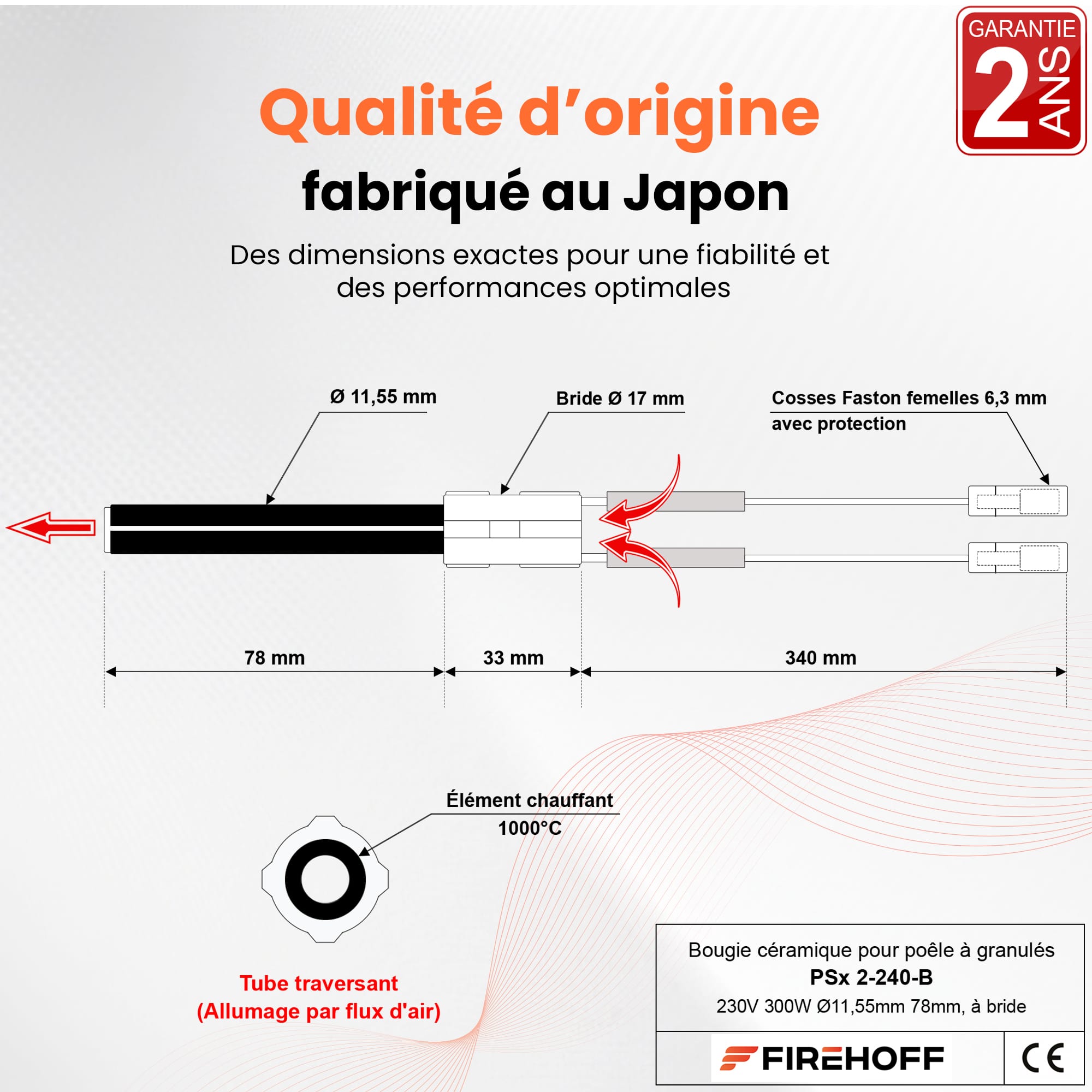 Schéma coté de la bougie céramique PSX 2-240-B : Ø 11,55 mm, bride Ø 17 mm, tube de 78 mm, cosses Faston femelles 6,3 mm