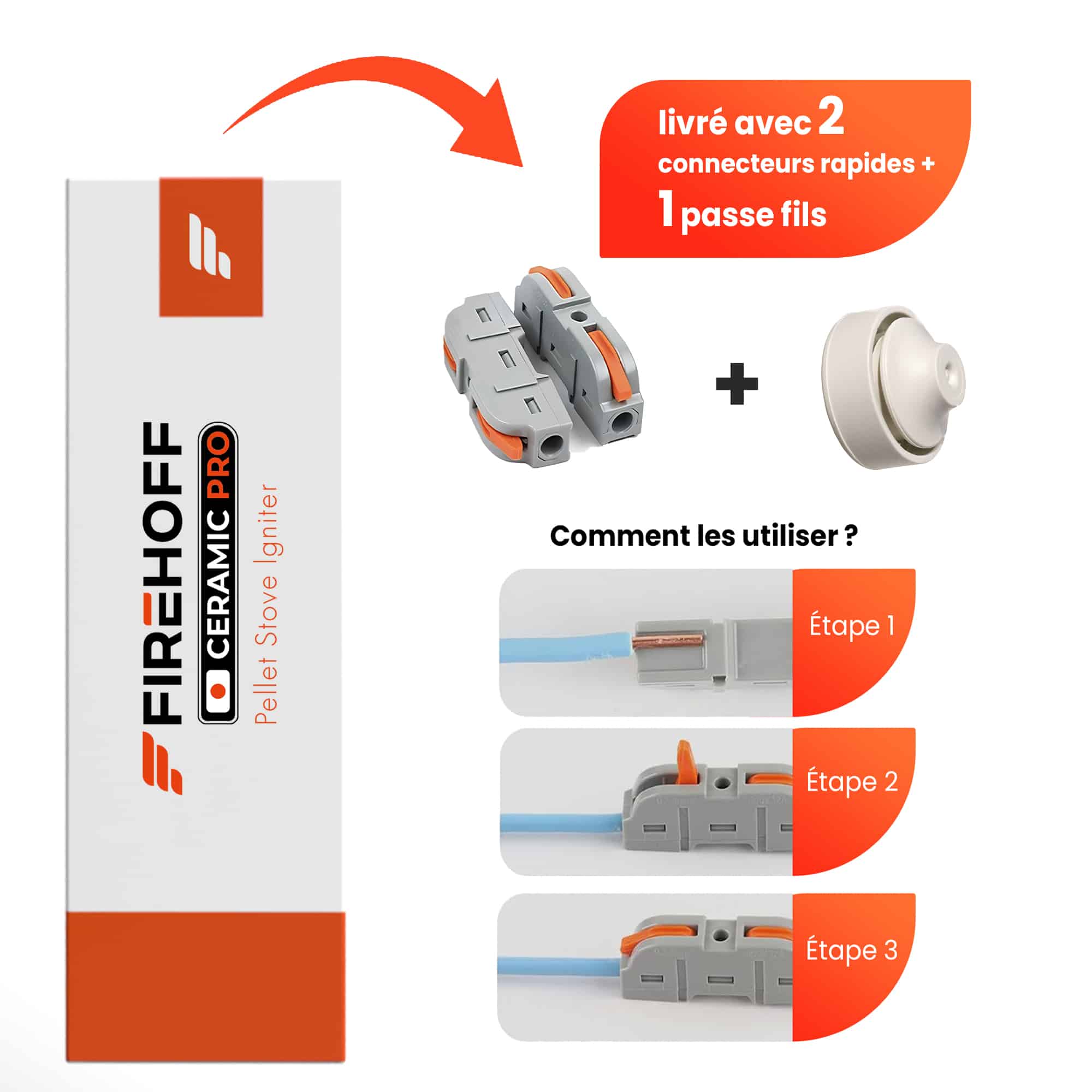 Accessoires livrés avec la bougie PSX 2-240-B : 2 connecteurs rapides et 1 passe-fils