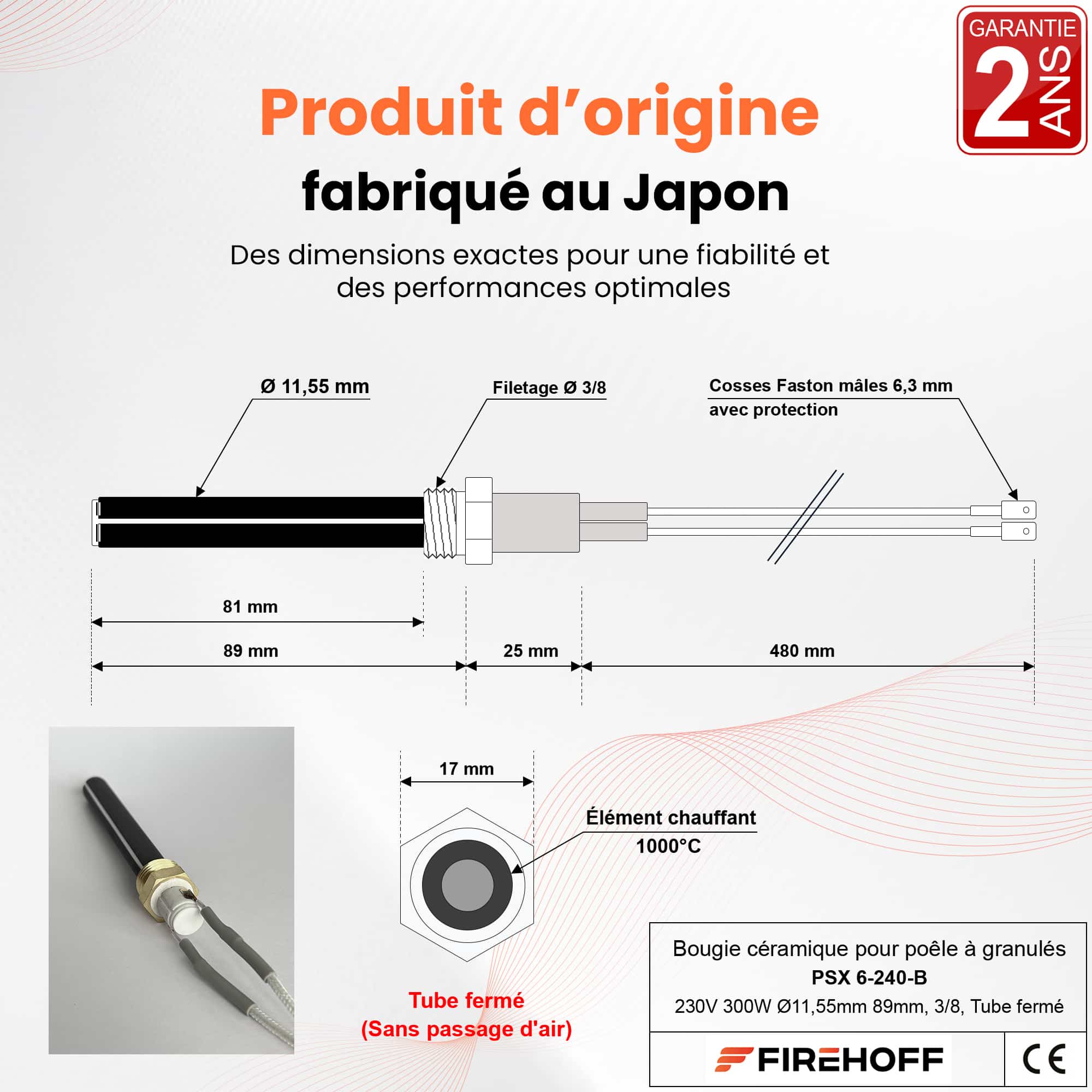 Schéma coté de la bougie céramique PSX 6-240-B : Ø 11,55 mm, 89 mm avec la fixation, tube de 81 mm, fils de 480 mm