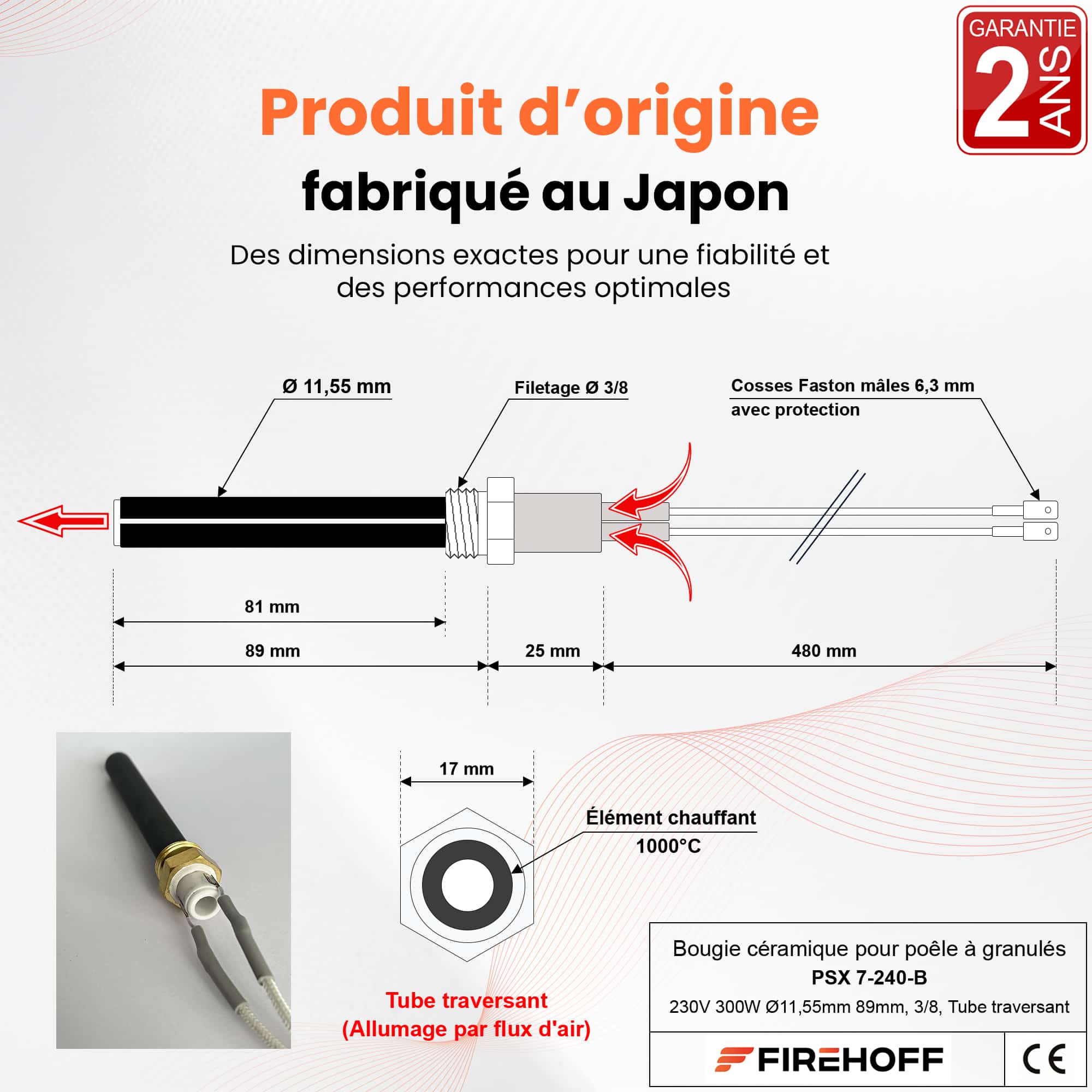Schéma coté de la bougie céramique PSX 7-240-B : Ø 11,55 mm, 89 mm avec la fixation, tube de 81 mm, fils de 480 mm