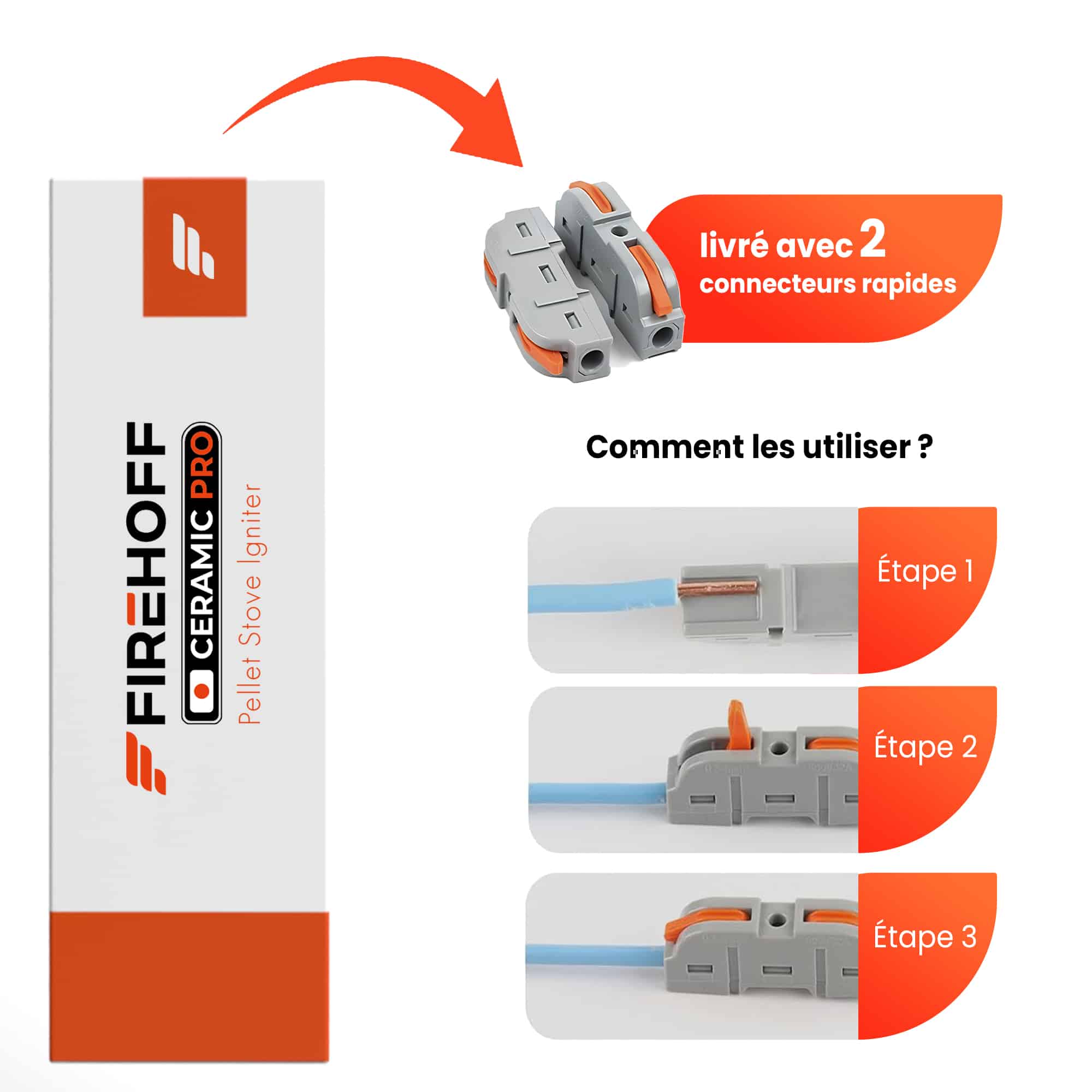 Les 2 connecteurs rapides livrés avec la bougie et leur utilisation en 3 étapes