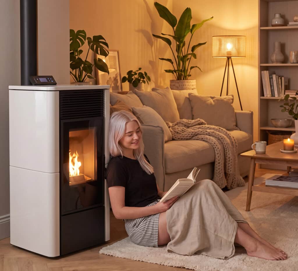 Femme lisant un livre au chaud près de son poêle à granulés allumé
