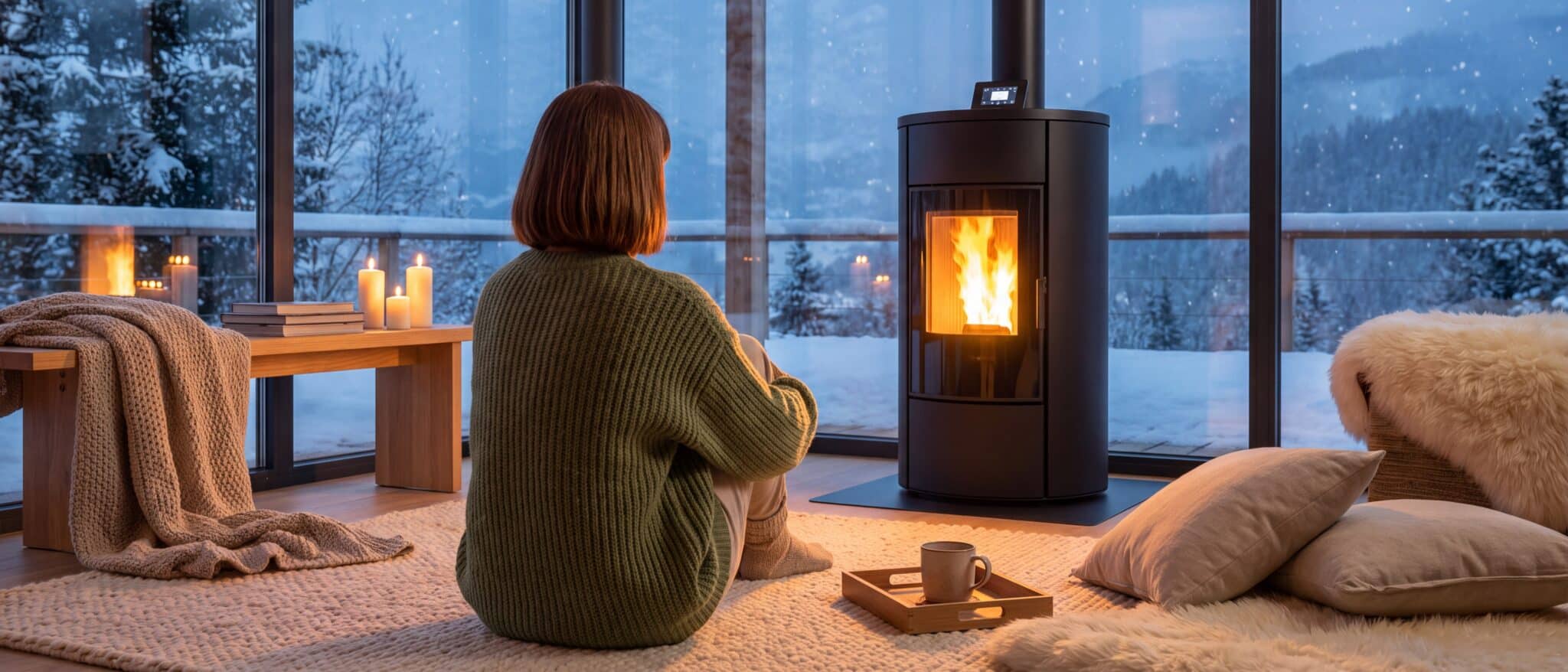 Femme se réchauffant devant un poêle à granulés allumé dans un chalet sous la neige